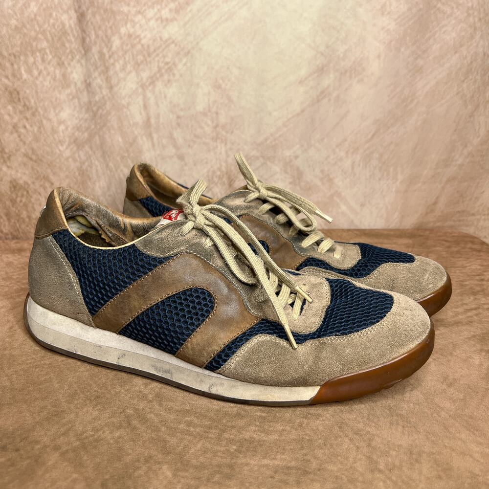 Vintage Y2K Camper Lace Up Lug Sole Suede Sneakers Shoes Tan Blue Retro Sporty